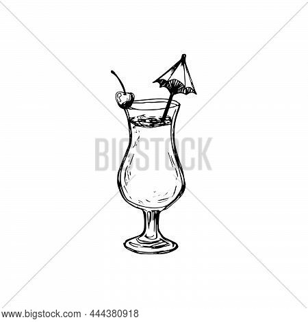 Vector Alcohol Cocktail Pino Colada. Hand Drawn. Isolated Element For Summer Menu