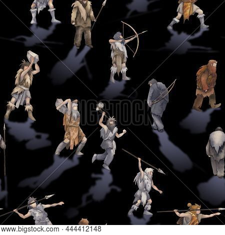Repeated Seamless Pattern Of A Watercolor Primordial Humans Casting Shadows