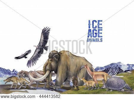 Composition Of A Watercolor Prehistoric Animals And Primordial Human Walking In A Line