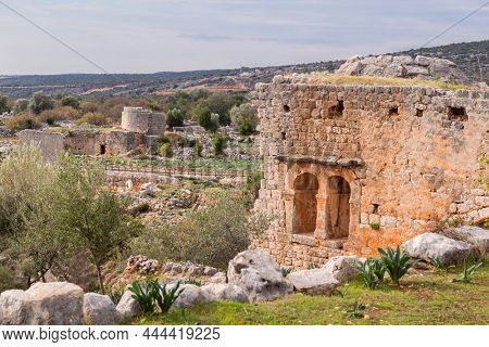 Ruins of antique city of Kanlidivane ancient city in Mersin Province, Turkey. Open air museum.