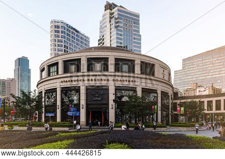 Shanghai, China - September 2019: Building Facade Of Starbucks Reserve Roastery Located At Hkri Taik