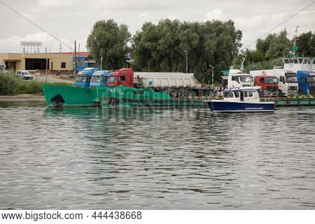 Braila, Romania - August 26, 2021: Ferry To Transport Lorries Across The Danube On The Docks Of Brai