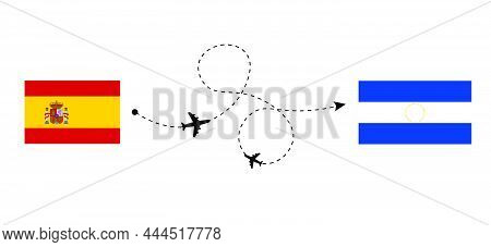 Flight And Travel From Spain To El Salvador By Passenger Airplane. Airplane Route And Country Flags.