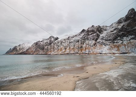 Popular Tourist Beach Ersfjord On Senja Island In Northern Norway Above The Arctic Circle. A Sandy B