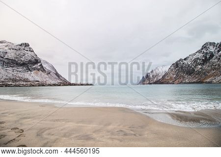 Popular Tourist Beach Ersfjord On Senja Island In Northern Norway Above The Arctic Circle. A Sandy B