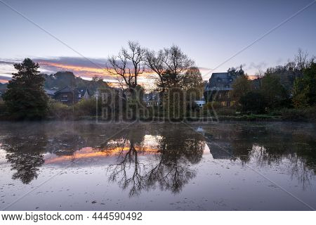 Bergisch Gladbach, Germany - October 25, 2021: Panoramic Image Of Old Castle Zweifel With Water Refl