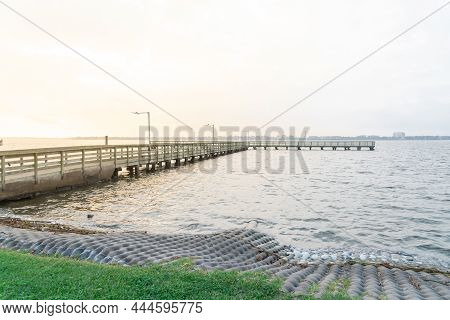 Sunrise Over Wooden Fishing Pier Stretching Out Clear Lake Near Seabrook, Greater Houston, Texas, Us