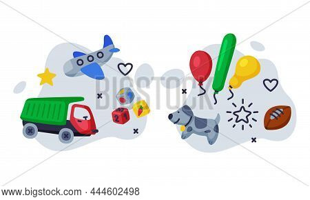Kids Toy With Balloons, Truck And Plane Vector Composition Set