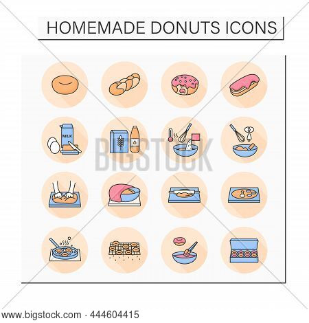 Homemade Donuts Color Icons Set. Deep-fried Donuts And Bread Home Baking Instruction. Concept Of Fre