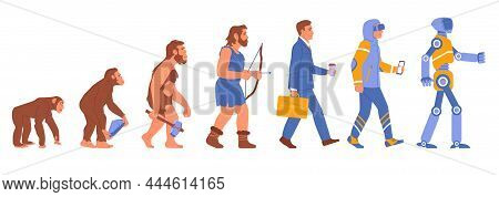 Man Evolution. Human Development Stages. Primate And Historical Ancestor. Worker Or Android. People 