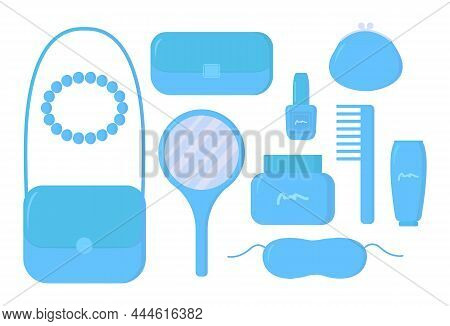 Set Of Women's Accessories And Cosmetics. Girl Things Collection Of Clutch, Beads, Wallet, Bag, Mirr