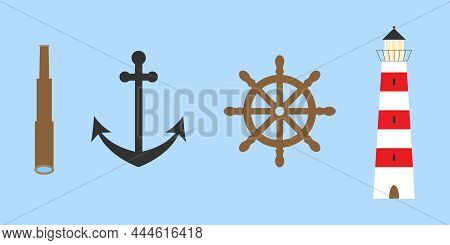 Sea Set Of Wheel, Anchor, Spyglass, Lighthouse. Cartoon Elements Isolated On White Background. Flat 