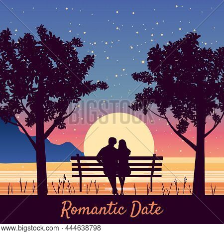 Romantic Date Couple Lovers On Bench In Park, Under Trees. Sunset, Night, Stars. Vector Happy Valent