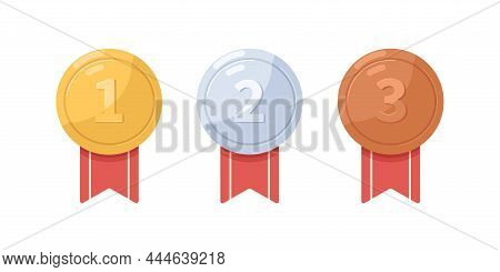 Gold, Silver And Bronze Medals. Metal Awards, Winner Badges For First, Second And Third Places. 1st,
