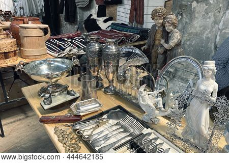 Lviv, Ukraine - May 16, 2021 : Antiques On Flea Market, Vintage Silver Cultery - Spoons, Knifes, For