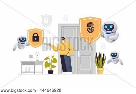 Man And Robots Touching Fingerprint Scanner Controlling Smart Home Devices With Biometric Scanning S