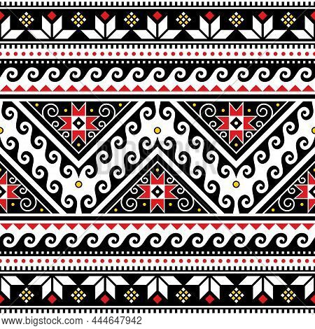 Ukrainian Traditional Vector Seamless Pattern With Waves And Geometric Shapes And Stars, Folk Art St