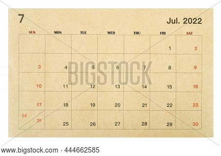 July 2022 Brown Calendar Made From Recycled Paper Isolated On White Background, Save Clipping Path.
