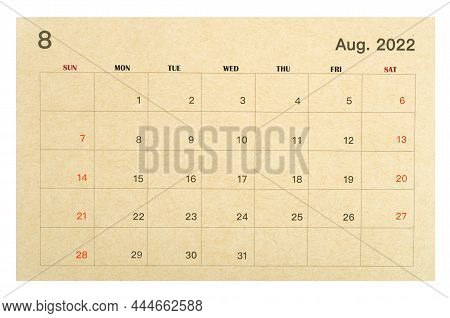 August 2022 Brown Calendar Made From Recycled Paper Isolated On White Background, Save Clipping Path