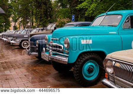 Nizhny Novgorod, Russia - June 15, 2020: Classic Soviet Car Exhibition. Customized Turquoise Gaz M72