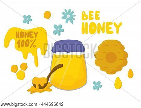 Set Of Honey Jars, Wooden Spoon, Beehive, Drops, Bee Lettering, Drips, Drops, Dies For Text. Cartoon