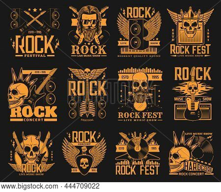 Rock Festival, Hardcore Music Live Show Icons. Vector Skull With Horns, Crown And Mohawk Hairstyle, 