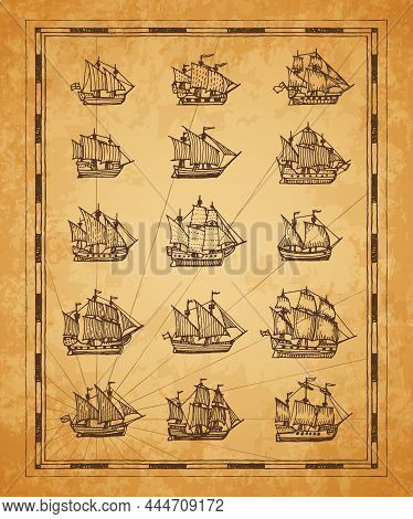 Vintage Map Sail Ships, Sailboat, Brigantine Sketch. Vector Engraved Sea Vessels On Ancient Torn Bro