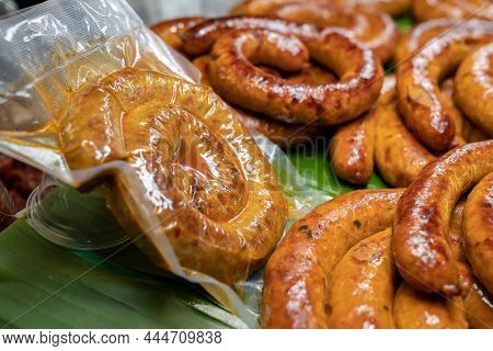 Wrapped Packaging Of Sai Aua, Northern Thailand Spicy Sausage, A Famous Traditional Local Saurage Co