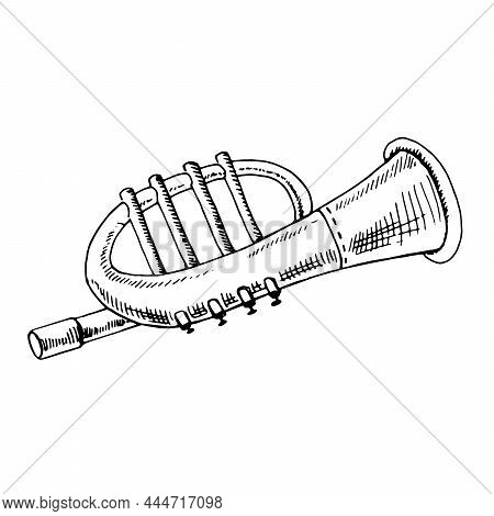 A Hand-drawn Ink Sketch Of A Vintage Musical Trumpet. Musical Trumpet Toy. Outline On A White Backgr