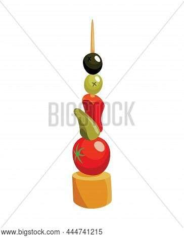 Canape Of Appetizer With Toppings. Snack For Party, Cold Food On Wooden Stick. Canape For Buffet, Ic
