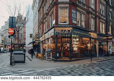 London, Uk - November 23, 2021: Prezzo Restaurant On A Street In Soho, An Area Of London Famous For 