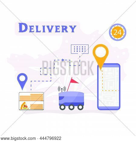 Vector Illustration Automated Car Delivers Food, Drinks. Online Order Home And Office Express Food D