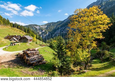Panoramic View Of Hochschwab Mountain Village Hainzleralm, Autumn Vibes In Mountain Range Hochschwab