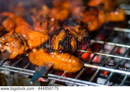 Delicious Grilled Tandoori Of Assorted Meats Over Charcoal And Hot Grill On Skewers.