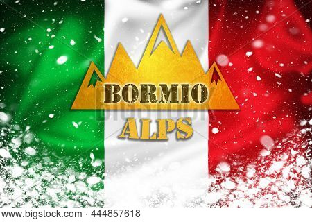Bormio Alps Banner Illustration On Italian Flag And Snow Layer, Famous Ski Destination In Alps, Ital