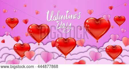 Valentine Day Papercut Craft Design Horizontal Banner, Red Pink Balloon Hearts And Clouds. Template 