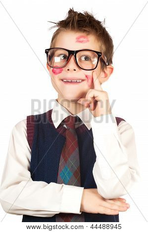 boy lovelas in lipstick with tousled hair. isolated