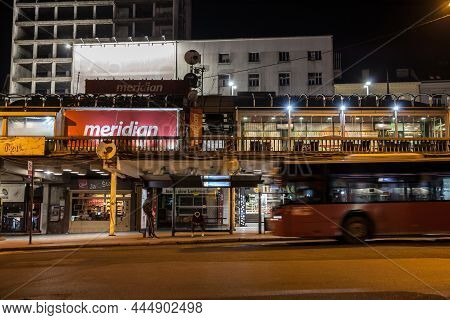 Belgrade, Serbia - November 14, 2021: Bus Going Down A Slope With A Speed Blur On The Bus Stop Of Ze