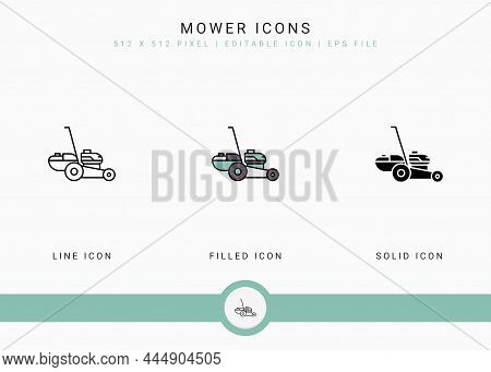 Mower Icons Set Vector Illustration With Solid Icon Line Style. Plant Gardening Agriculture Concept.
