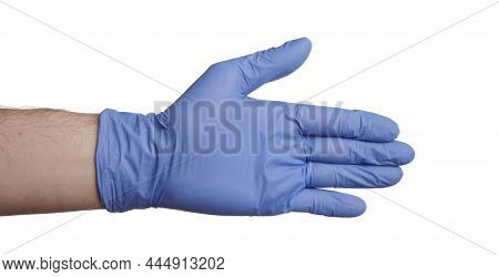 Nitrile Gloved Hand Shows To The Right Direction. Human Arm Points To The Right. Isolated Photo On A