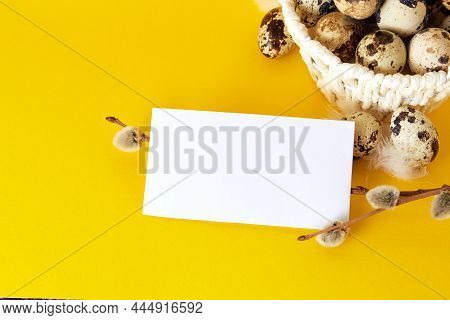 Visiting Card, White Straw Basket Full Of Quail Eggs, Pussy Willow Branch On Yellow Paper Background
