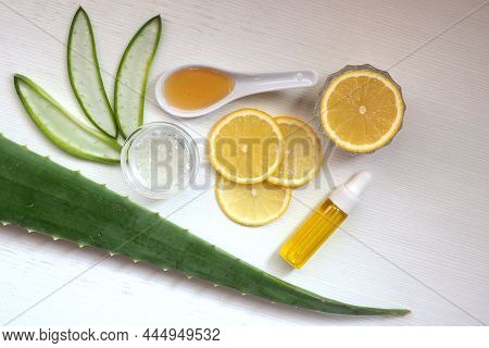 Homemade Cosmetic Mask For Face Or Hair From Aloe Vera Gel, Lemon Juice, Natural Honey, Olive Oil. T