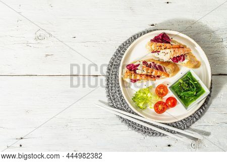 Open Sandwiches With Boiled Shrimps, Cream Cheese, Salad Leaves, And Chuka Salad. Seafood