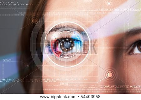 Modern cyber woman with technolgy eye looking