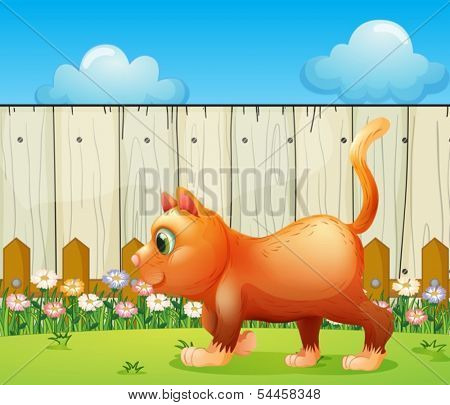 Illustration of a fat cat at the backyard