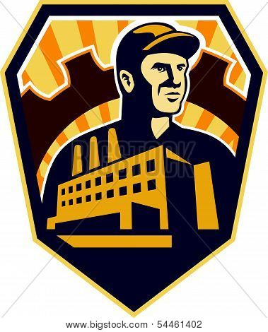 Factory Worker Building Cog Shield Retro