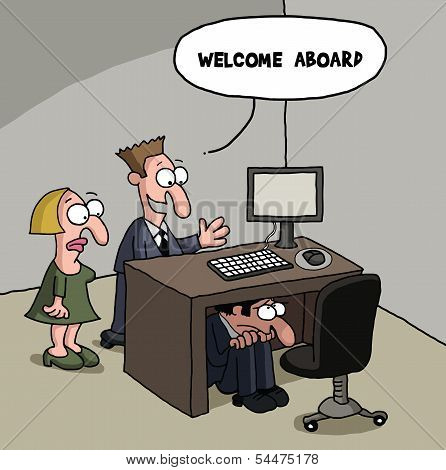 Shy new male office worker cartoon