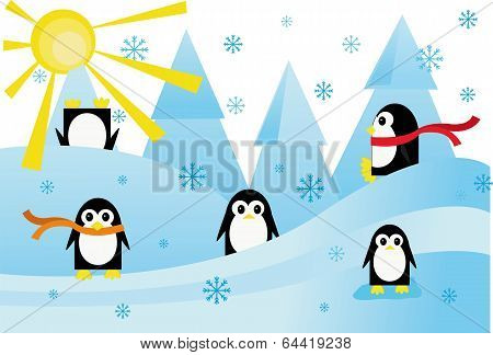 Colorful Background With Funny Penguins
