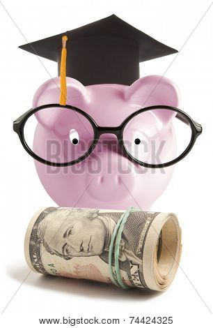 Piggy bank with graduation hat. Isolated on white background