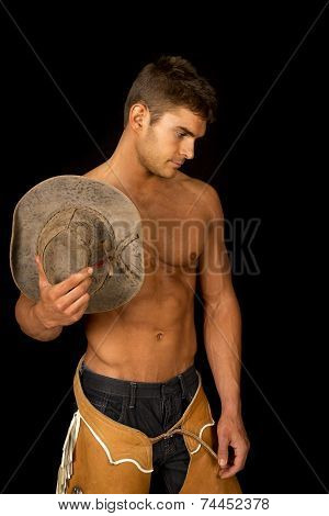 Cowboy No Shirt Chaps On Black Serious Look Down